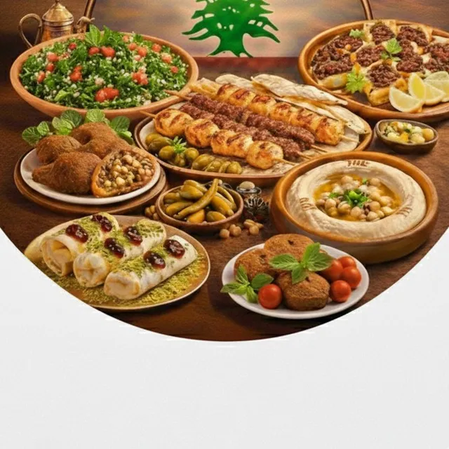 Table de mezzés libanais : houmous, taboulé, falafels, brochettes et feuilletés